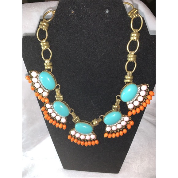 J.CREW Jewelry - J.Crew Bead And Fringe Necklace Persimmon Turquoise 18" Adj Gold Tone